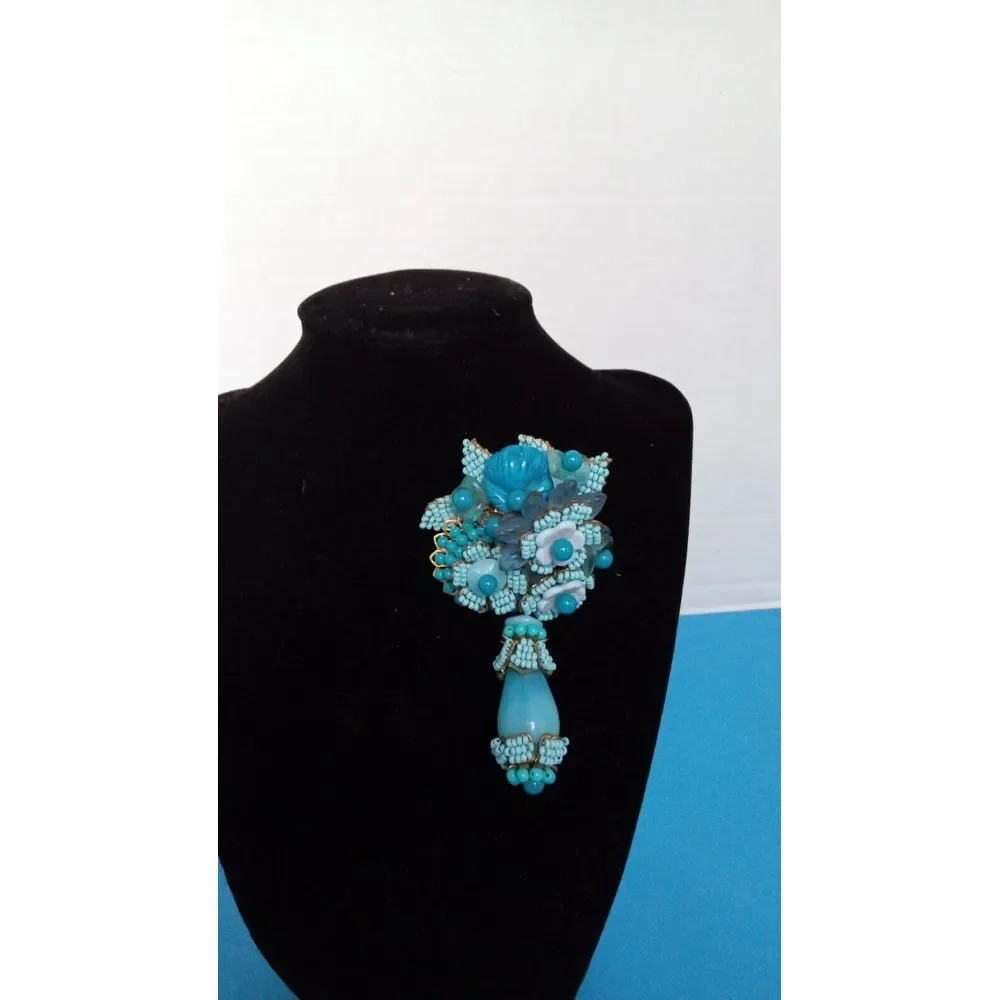 Vintage Turquoise Brooch‎ Beaded Floral Dangle Pin Statement Jewelry